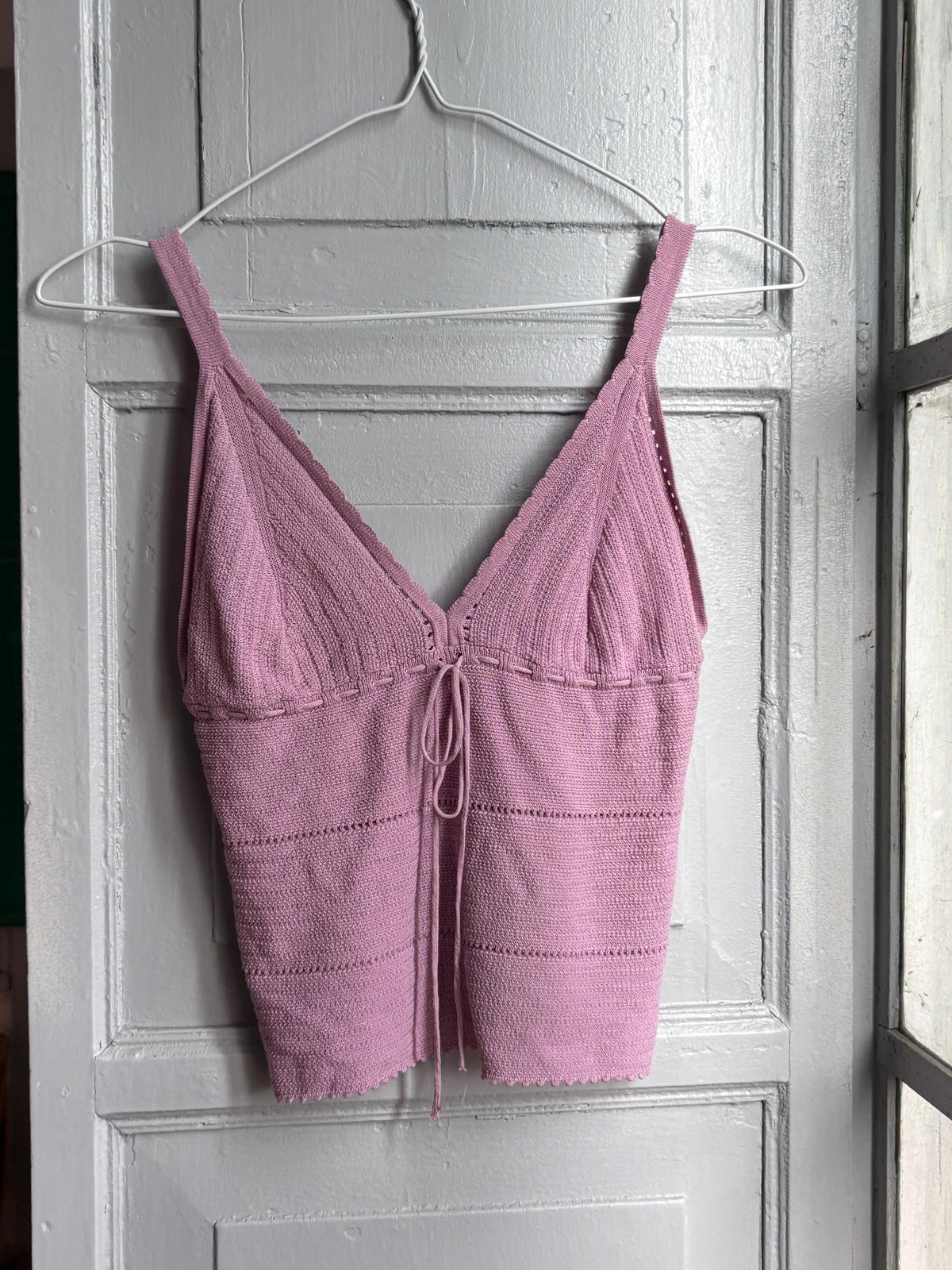 Y2K Knit Camisole Top, Pink Tie Front Tank, Boho Crochet Look Cami, Festival Summer Top, Women's XS