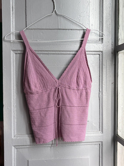 Y2K Knit Camisole Top, Pink Tie Front Tank, Boho Crochet Look Cami, Festival Summer Top, Women's XS