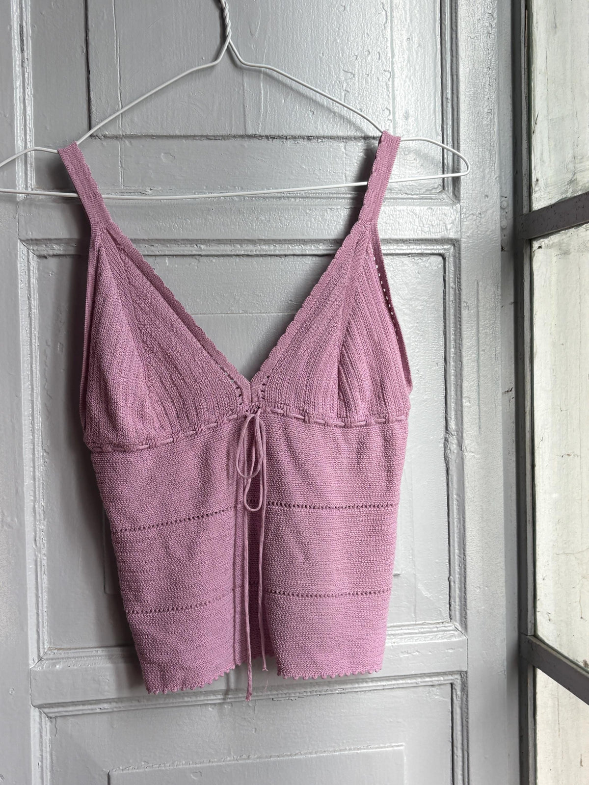 Y2K Knit Camisole Top, Pink Tie Front Tank, Boho Crochet Look Cami, Festival Summer Top, Women's XS