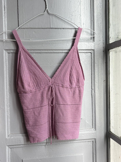 Y2K Knit Camisole Top, Pink Tie Front Tank, Boho Crochet Look Cami, Festival Summer Top, Women's XS
