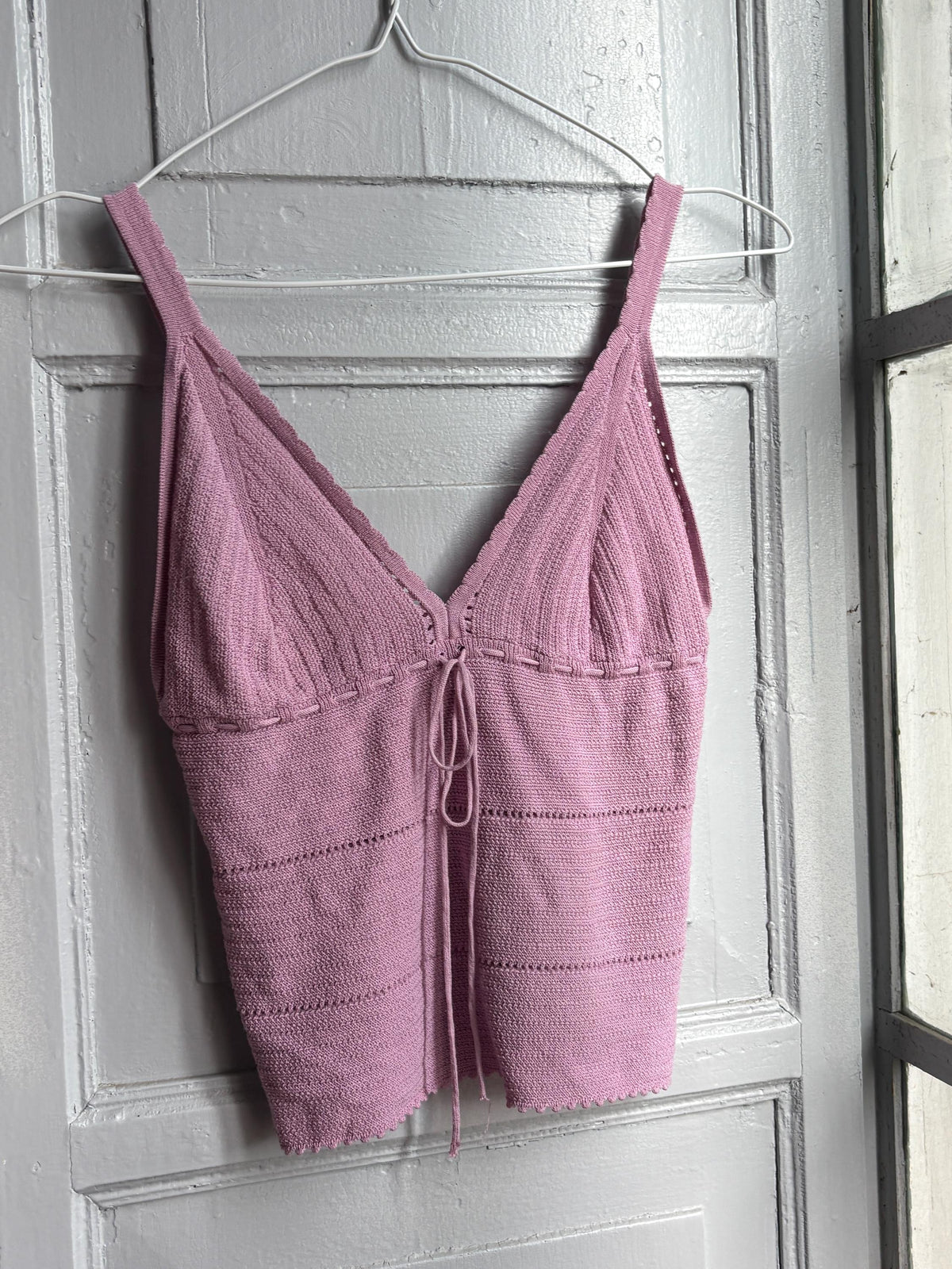 Y2K Knit Camisole Top, Pink Tie Front Tank, Boho Crochet Look Cami, Festival Summer Top, Women's XS