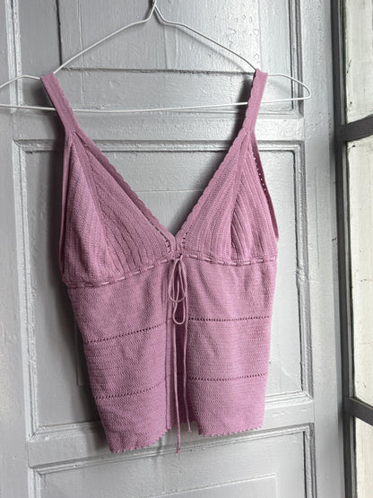 Y2K Knit Camisole Top, Pink Tie Front Tank, Boho Crochet Look Cami, Festival Summer Top, Women's XS