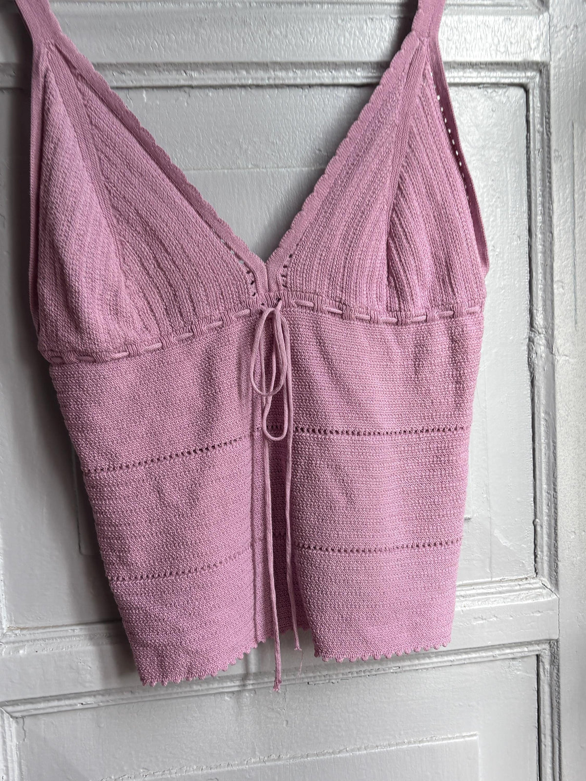 Y2K Knit Camisole Top, Pink Tie Front Tank, Boho Crochet Look Cami, Festival Summer Top, Women's XS