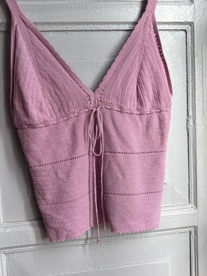 Y2K Knit Camisole Top, Pink Tie Front Tank, Boho Crochet Look Cami, Festival Summer Top, Women's XS
