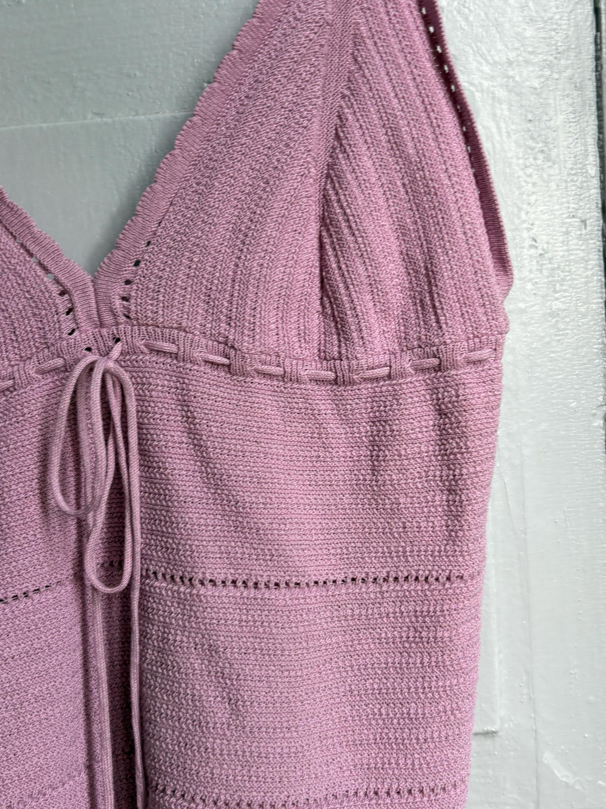 Y2K Knit Camisole Top, Pink Tie Front Tank, Boho Crochet Look Cami, Festival Summer Top, Women's XS
