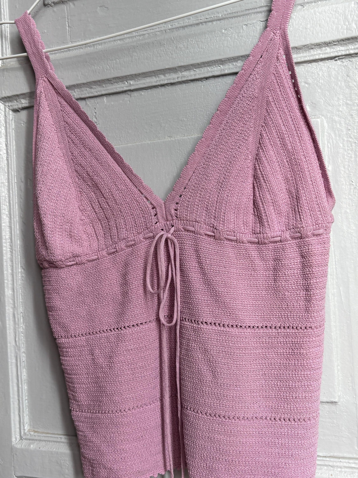 Y2K Knit Camisole Top, Pink Tie Front Tank, Boho Crochet Look Cami, Festival Summer Top, Women's XS