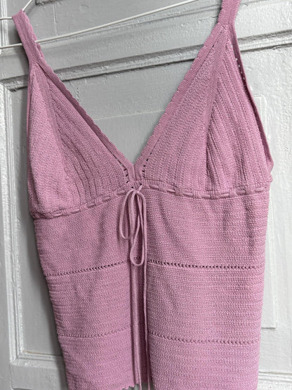 Y2K Knit Camisole Top, Pink Tie Front Tank, Boho Crochet Look Cami, Festival Summer Top, Women's XS