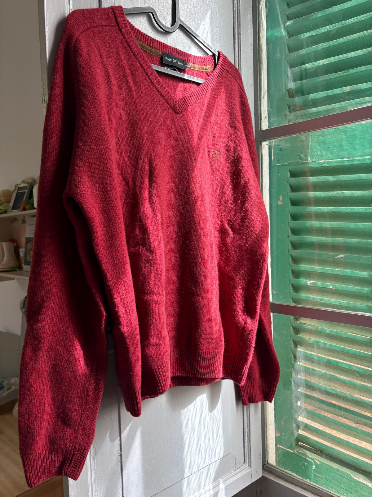 Pedro del Hierro Geelong Lambswool Jumper, Vintage Burgundy V Neck Sweater, Men's Pure Wool Knit, Quiet Luxury, Made in Spain