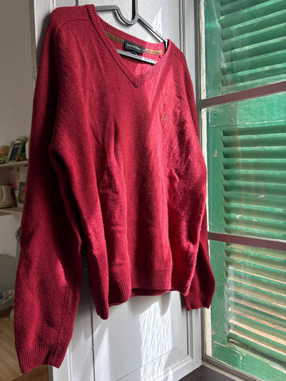 Pedro del Hierro Geelong Lambswool Jumper, Vintage Burgundy V Neck Sweater, Men's Pure Wool Knit, Quiet Luxury, Made in Spain