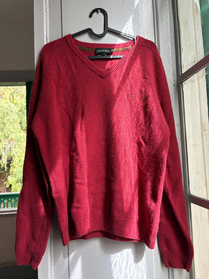 Pedro del Hierro Geelong Lambswool Jumper, Vintage Burgundy V Neck Sweater, Men's Pure Wool Knit, Quiet Luxury, Made in Spain