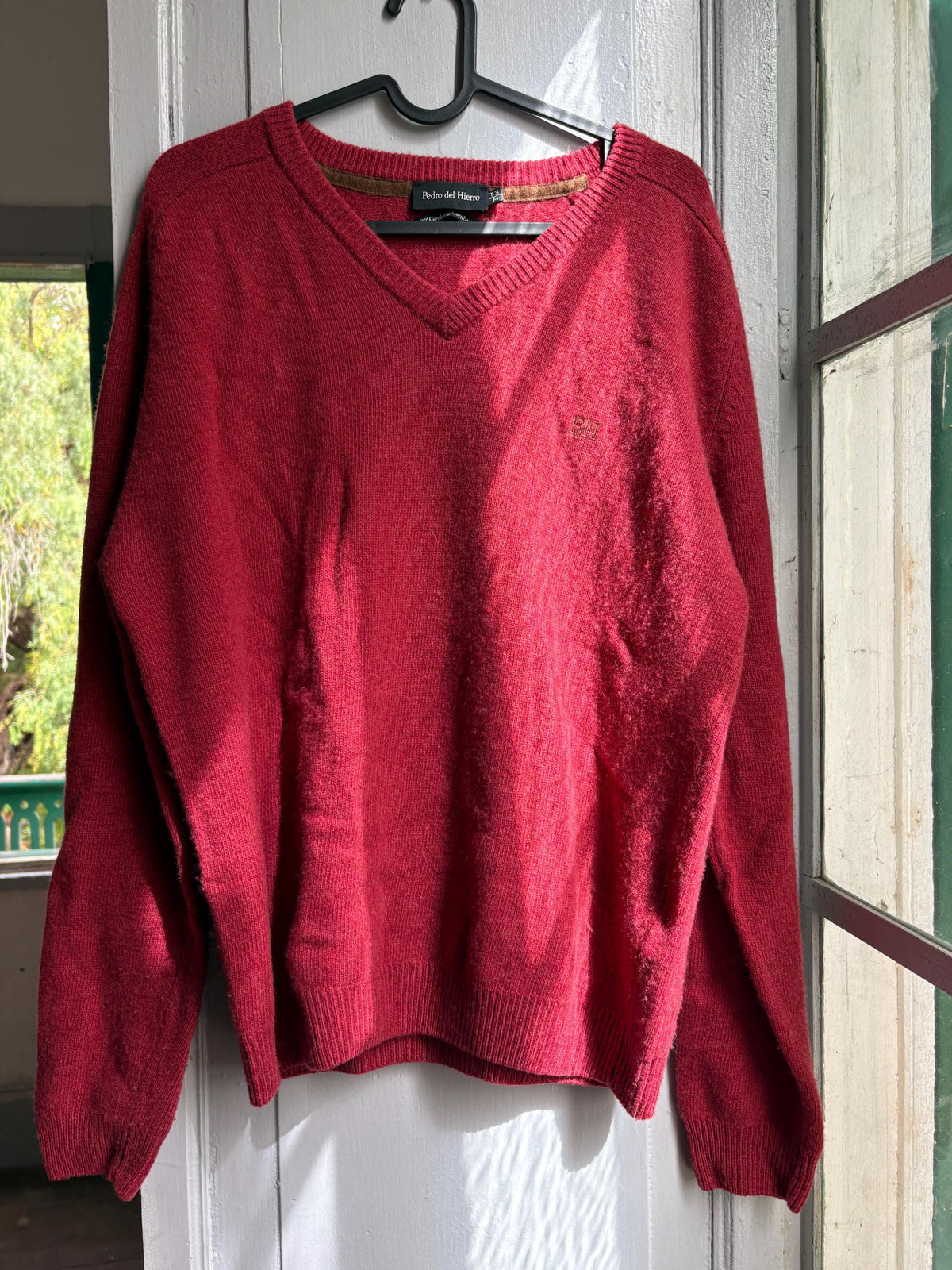 Pedro del Hierro Geelong Lambswool Jumper, Vintage Burgundy V Neck Sweater, Men's Pure Wool Knit, Quiet Luxury, Made in Spain