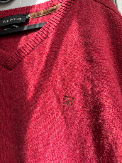 Pedro del Hierro Geelong Lambswool Jumper, Vintage Burgundy V Neck Sweater, Men's Pure Wool Knit, Quiet Luxury, Made in Spain