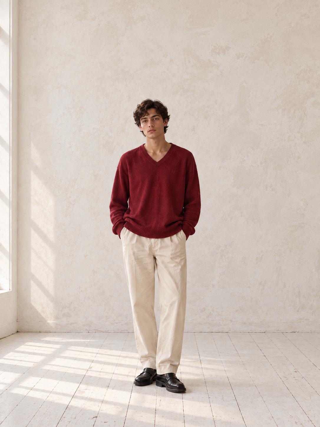 Pedro del Hierro Geelong Lambswool Jumper, Vintage Burgundy V Neck Sweater, Men's Pure Wool Knit, Quiet Luxury, Made in Spain