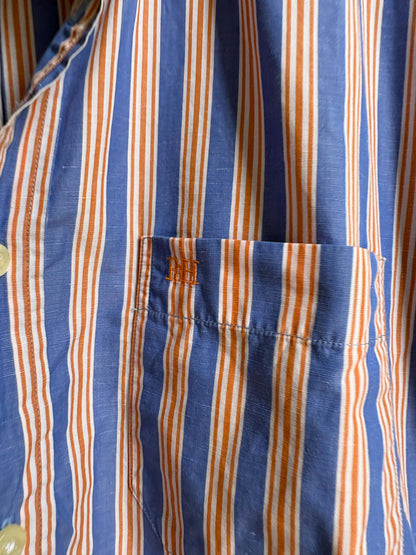Men's Striped Linen Cotton Shirt, Blue Orange — additional view 7