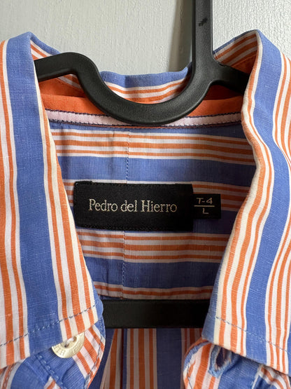 Pedro del Hierro Linen Cotton Shirt, Men's Striped Button Up, Blue Orange Summer Shirt, Quiet Luxury, Casual Smart Shirt