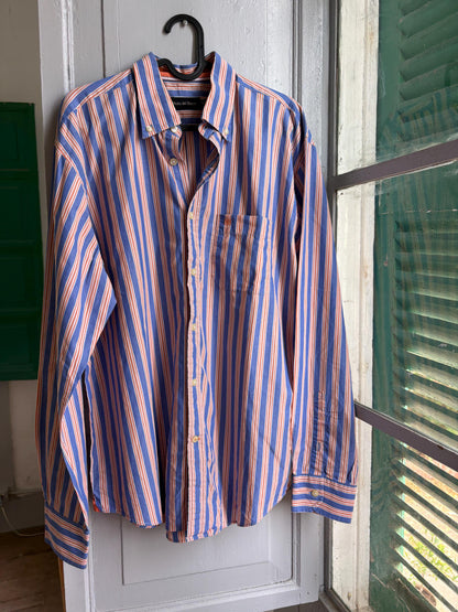 Men's Striped Linen Cotton Shirt, Blue Orange — back view