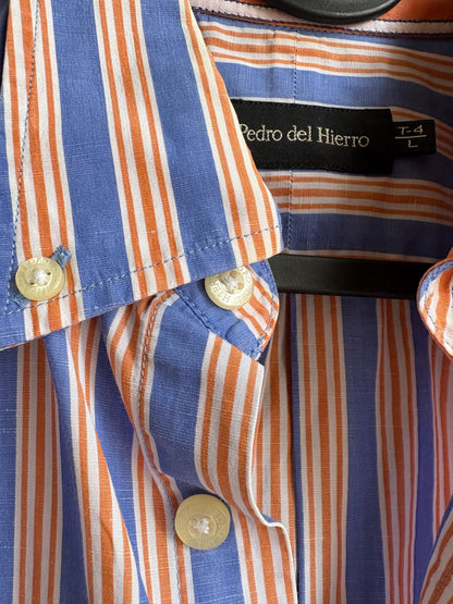 Men's Striped Linen Cotton Shirt, Blue Orange — additional view 9