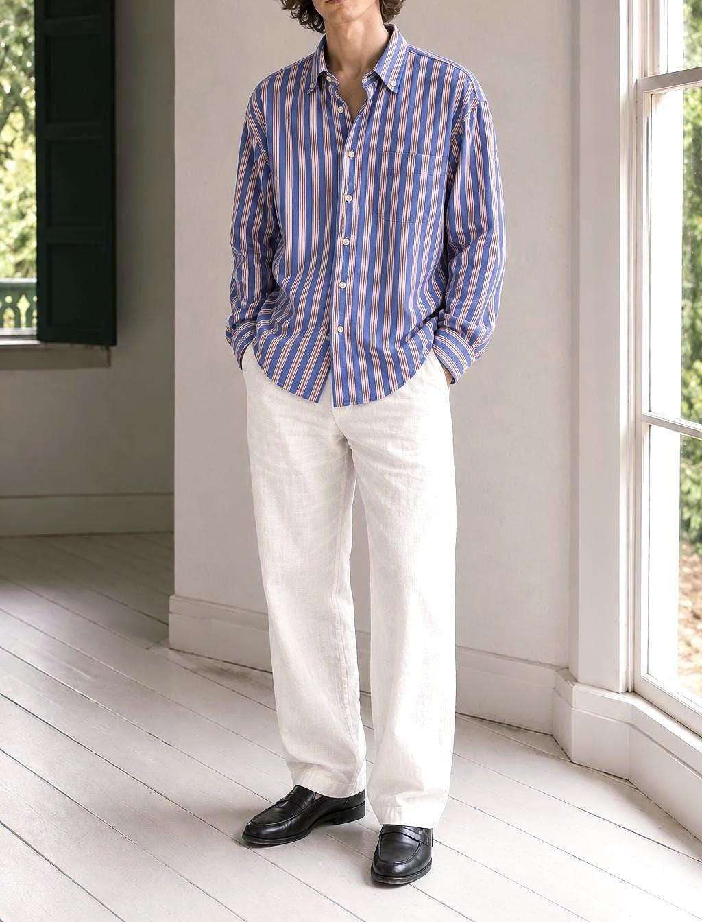 Men's Striped Linen Cotton Shirt, Blue Orange