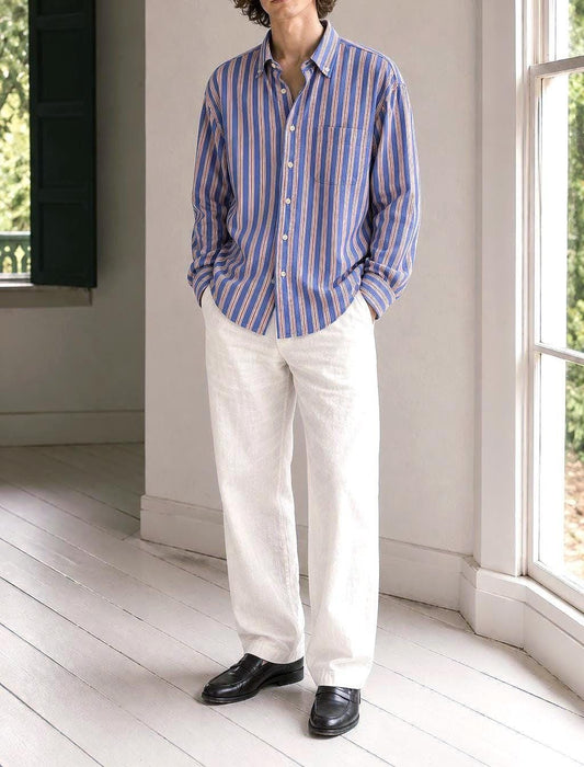 Men's Striped Linen Cotton Shirt, Blue Orange