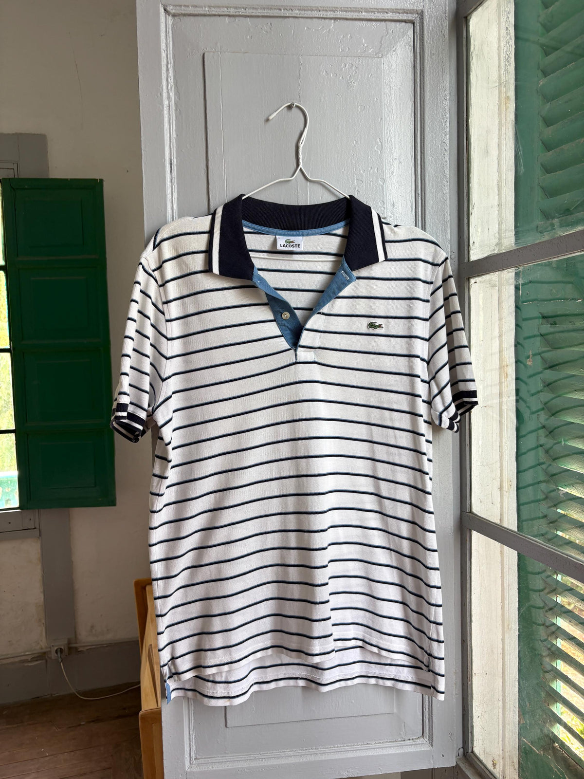 Lacoste Striped Polo Shirt, Men's White Blue Cotton Polo, French Designer, Classic Preppy Golf Shirt, Size 5