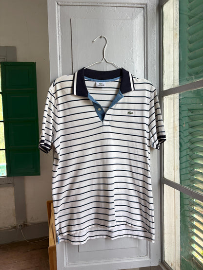 Lacoste Striped Polo Shirt, Men's White Blue Cotton Polo, French Designer, Classic Preppy Golf Shirt, Size 5