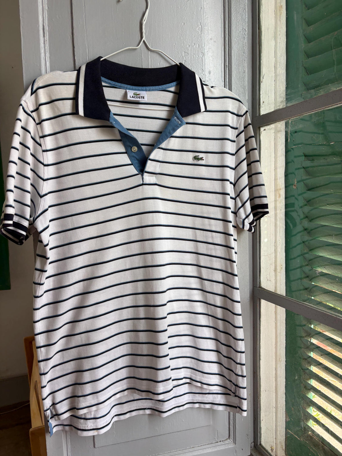 Lacoste Striped Polo Shirt, Men's White Blue Cotton Polo, French Designer, Classic Preppy Golf Shirt, Size 5