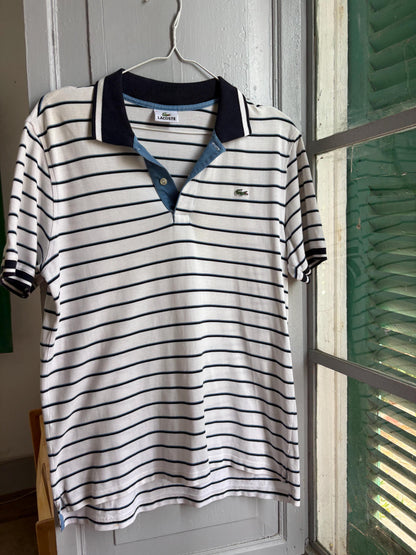 Lacoste Striped Polo Shirt, Men's White Blue Cotton Polo, French Designer, Classic Preppy Golf Shirt, Size 5