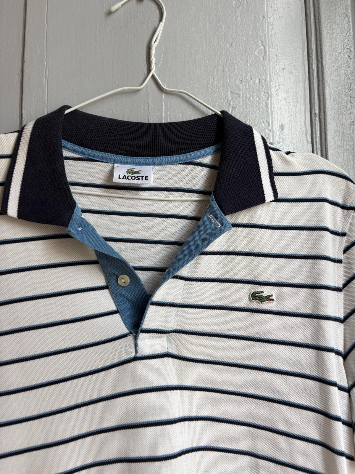 Lacoste Striped Polo Shirt, Men's White Blue Cotton Polo, French Designer, Classic Preppy Golf Shirt, Size 5