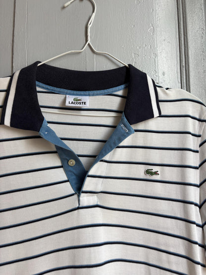 Lacoste Striped Polo Shirt, Men's White Blue Cotton Polo, French Designer, Classic Preppy Golf Shirt, Size 5