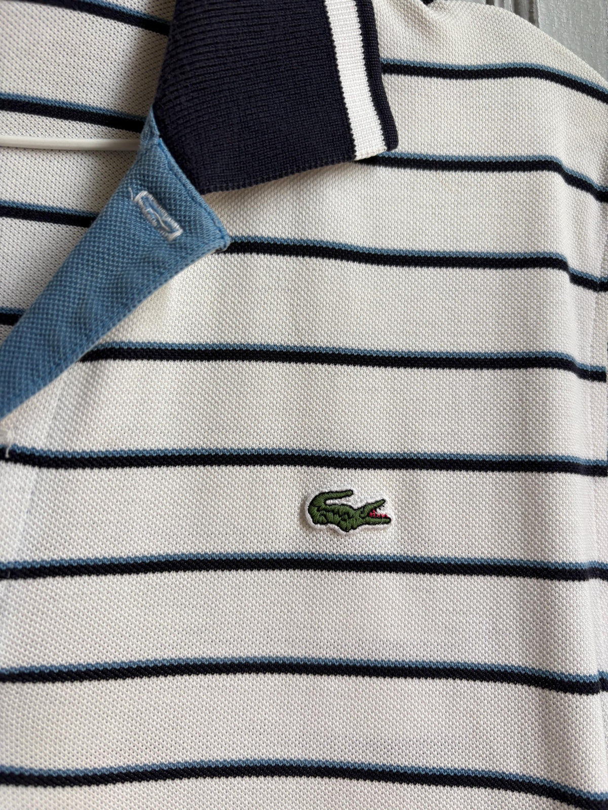 Lacoste Striped Polo Shirt, Men's White Blue Cotton Polo, French Designer, Classic Preppy Golf Shirt, Size 5