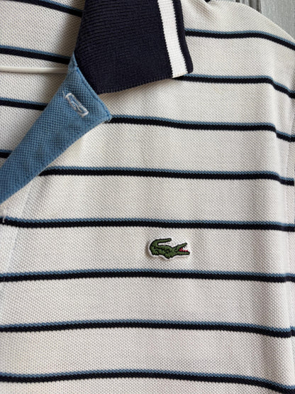 Lacoste Striped Polo Shirt, Men's White Blue Cotton Polo, French Designer, Classic Preppy Golf Shirt, Size 5