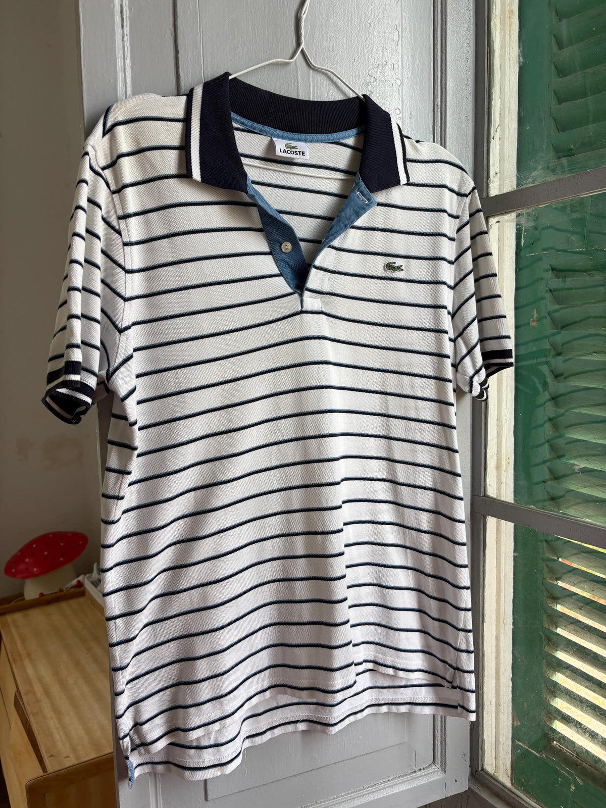 Lacoste Striped Polo Shirt, Men's White Blue Cotton Polo, French Designer, Classic Preppy Golf Shirt, Size 5