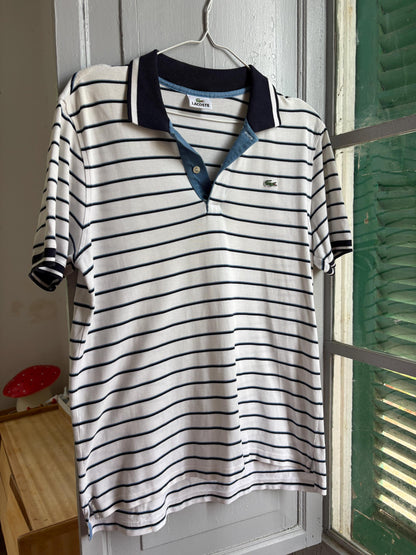 Lacoste Striped Polo Shirt, Men's White Blue Cotton Polo, French Designer, Classic Preppy Golf Shirt, Size 5