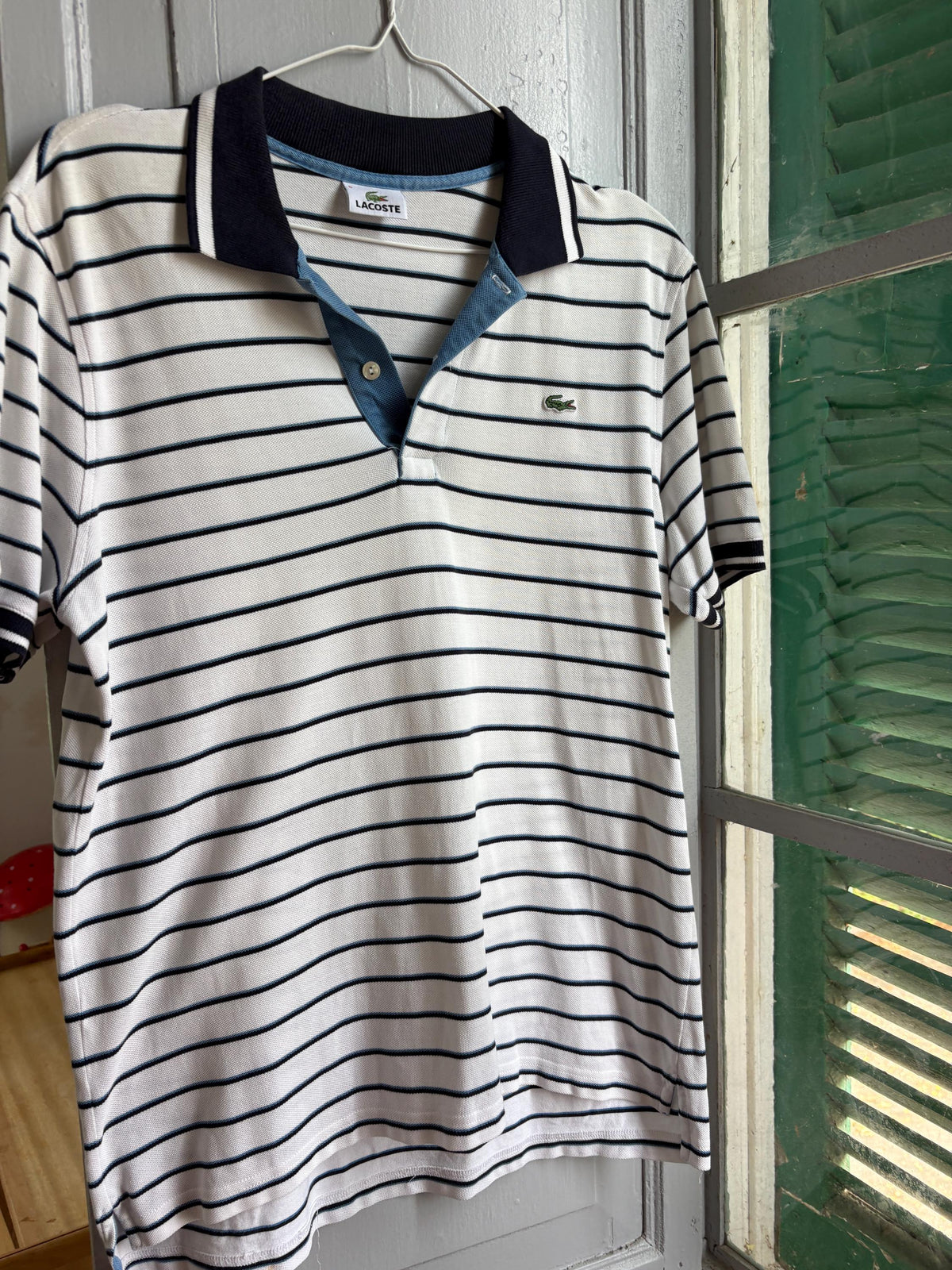 Lacoste Striped Polo Shirt, Men's White Blue Cotton Polo, French Designer, Classic Preppy Golf Shirt, Size 5