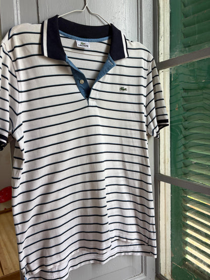 Lacoste Striped Polo Shirt, Men's White Blue Cotton Polo, French Designer, Classic Preppy Golf Shirt, Size 5