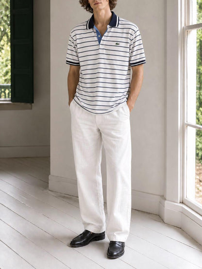 Lacoste Striped Polo Shirt, Men's White Blue Cotton Polo, French Designer, Classic Preppy Golf Shirt, Size 5