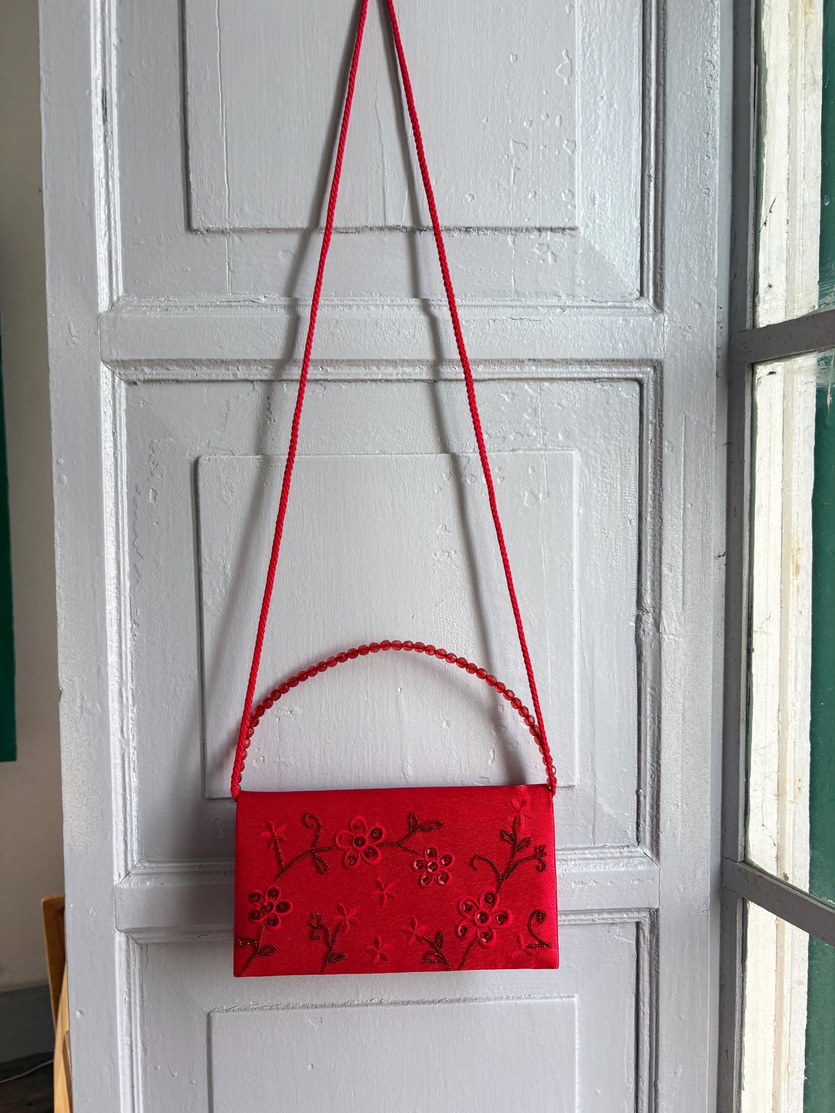 Vintage Red Satin Beaded Evening Bag, Floral Embroidered Clutch Purse, Y2K Crossbody Handbag, Prom Wedding Party Bag