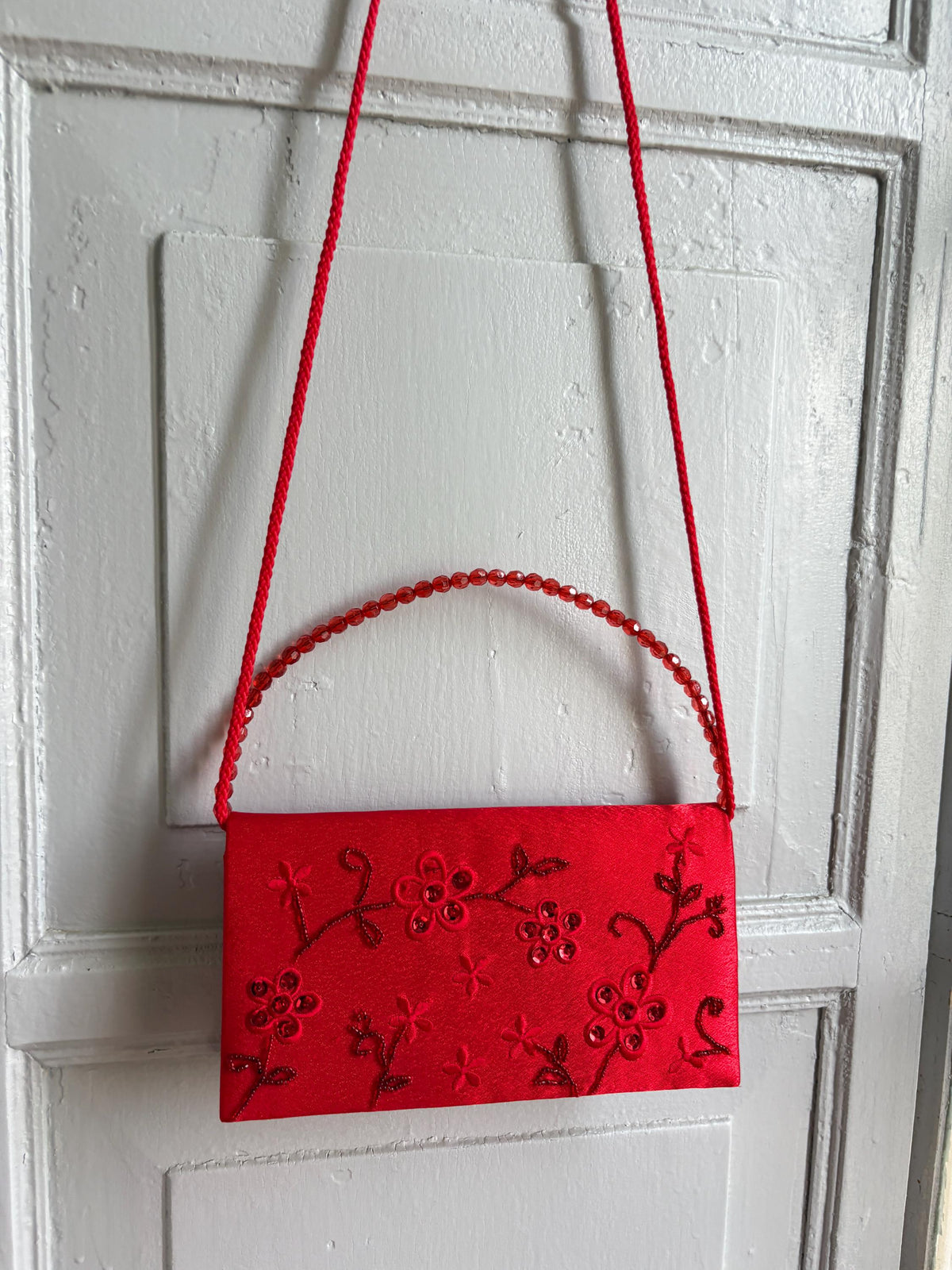 Vintage Red Satin Beaded Evening Bag, Floral Embroidered Clutch Purse, Y2K Crossbody Handbag, Prom Wedding Party Bag