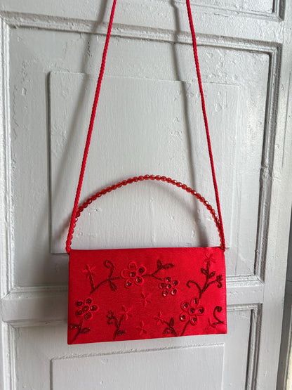 Vintage Red Satin Beaded Evening Bag, Floral Embroidered Clutch Purse, Y2K Crossbody Handbag, Prom Wedding Party Bag