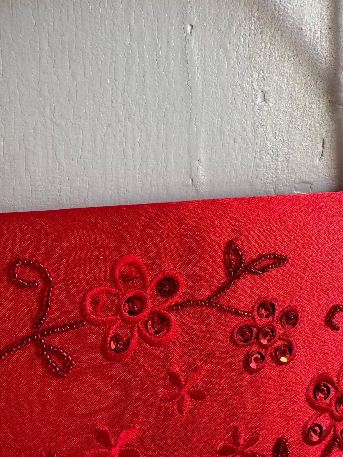 Vintage Red Satin Beaded Evening Bag, Floral Embroidered Clutch Purse, Y2K Crossbody Handbag, Prom Wedding Party Bag