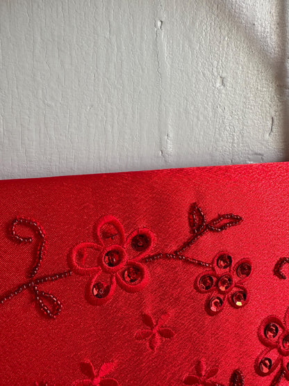 Vintage Red Satin Beaded Evening Bag, Floral Embroidered Clutch Purse, Y2K Crossbody Handbag, Prom Wedding Party Bag