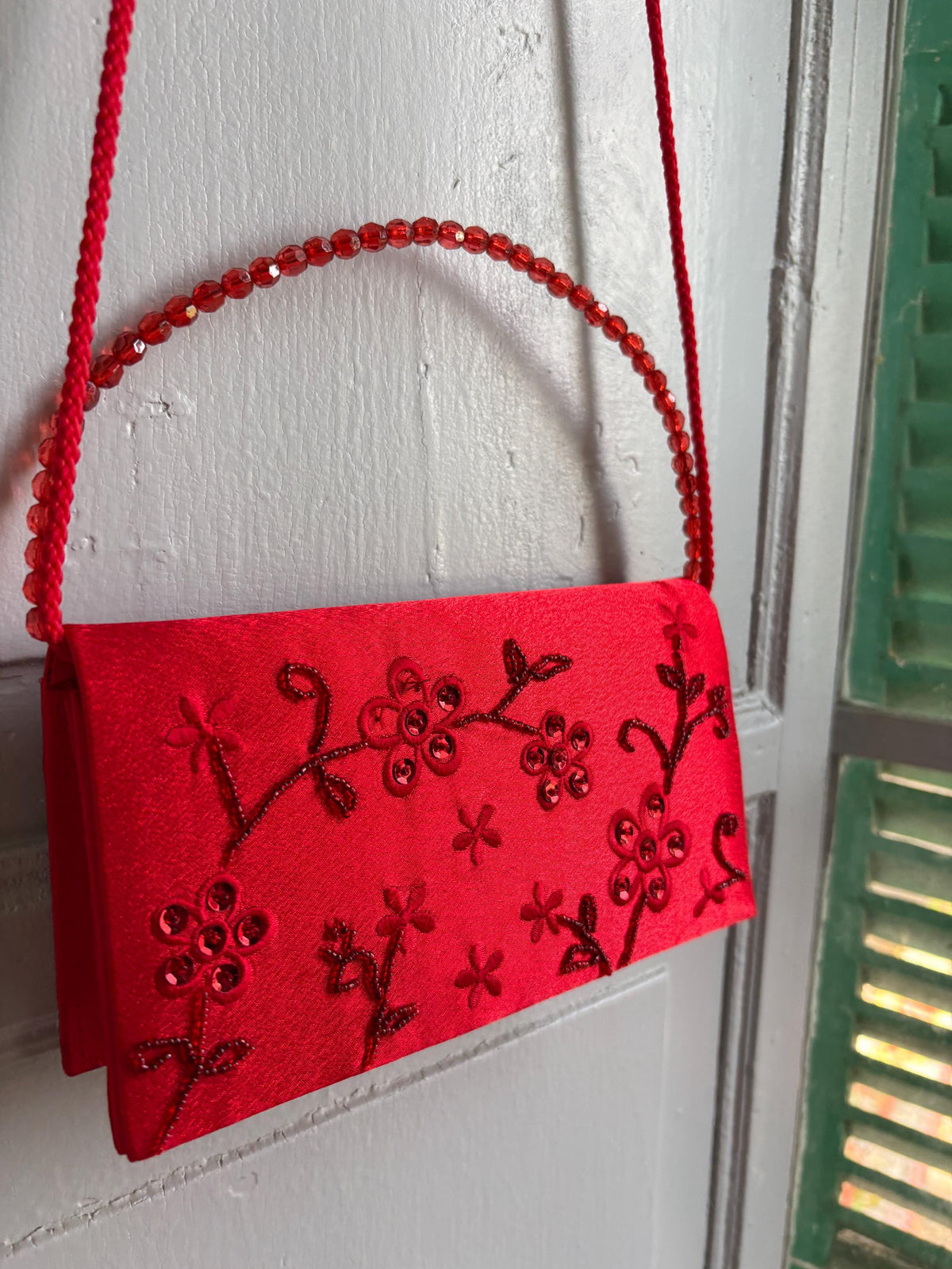 Vintage Red Satin Beaded Evening Bag, Floral Embroidered Clutch Purse, Y2K Crossbody Handbag, Prom Wedding Party Bag
