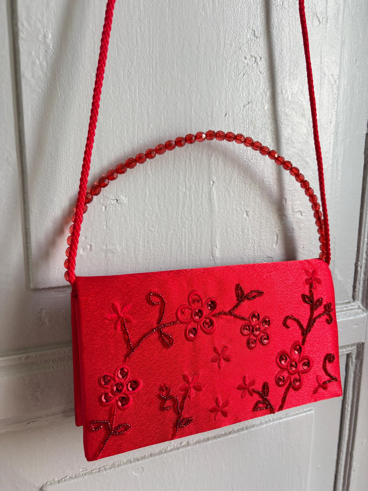 Vintage Red Satin Beaded Evening Bag, Floral Embroidered Clutch Purse, Y2K Crossbody Handbag, Prom Wedding Party Bag