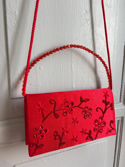 Vintage Red Satin Beaded Evening Bag, Floral Embroidered Clutch Purse, Y2K Crossbody Handbag, Prom Wedding Party Bag