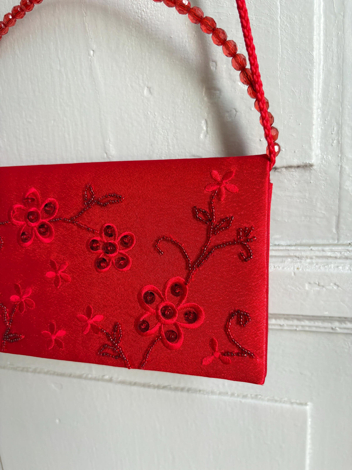 Vintage Red Satin Beaded Evening Bag, Floral Embroidered Clutch Purse, Y2K Crossbody Handbag, Prom Wedding Party Bag