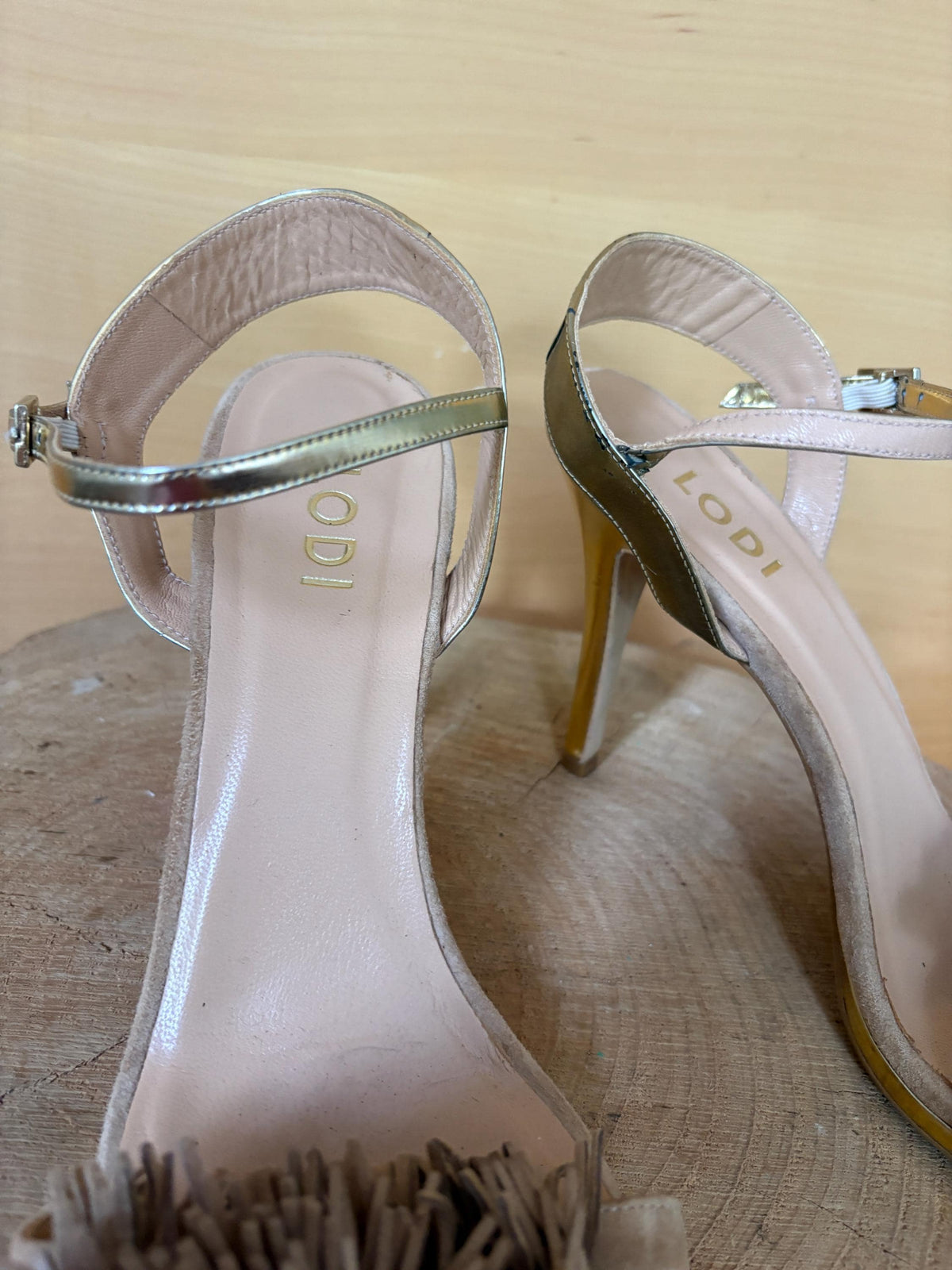 Lodi Suede Stiletto Sandals EU 41, Taupe Designer Heels, Ankle Strap High Heels, Made in Spain