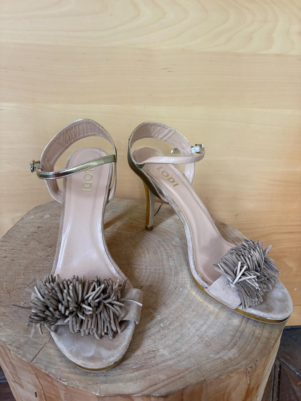 Lodi Suede Stiletto Sandals EU 41, Taupe Designer Heels, Ankle Strap High Heels, Made in Spain