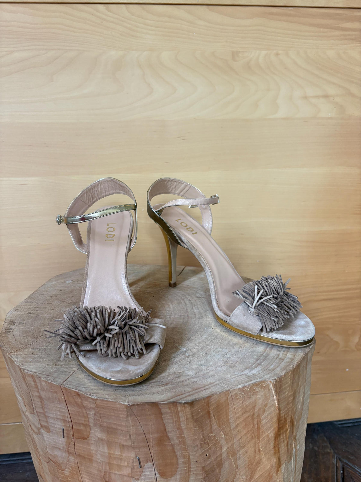 Lodi Suede Stiletto Sandals EU 41, Taupe Designer Heels, Ankle Strap High Heels, Made in Spain