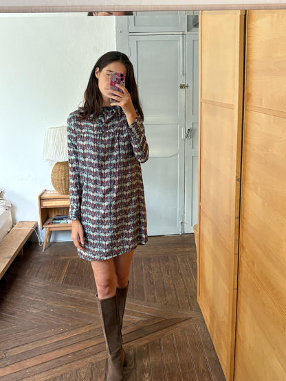 Laga 100% Silk Dress, Printed Silk Mini Dress, Luxury Secondhand Dress, Romantic Collar, Women's Size S