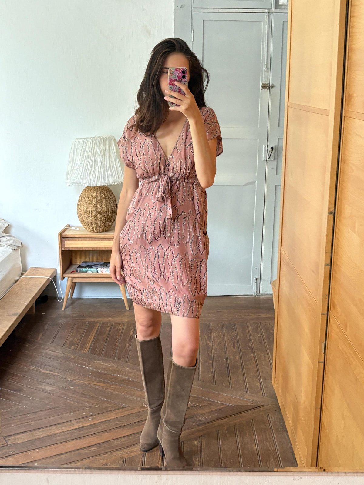 Laga 100% Silk Dress, Luxury Silk Mini Dress, Dusty Rose Print Dress, Made in India, Women's XS